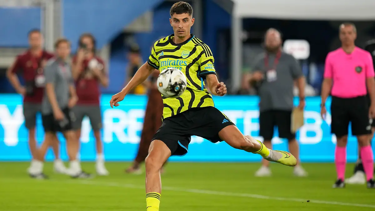 Arsenal midfielder Kai Havertz competes during the cross and volley challenge segment of the MLS All-Star Skills Challenge against the MLS All-Stars, Tuesday, July 18, 2023, in Washington. (AP Photo/Alex Brandon)