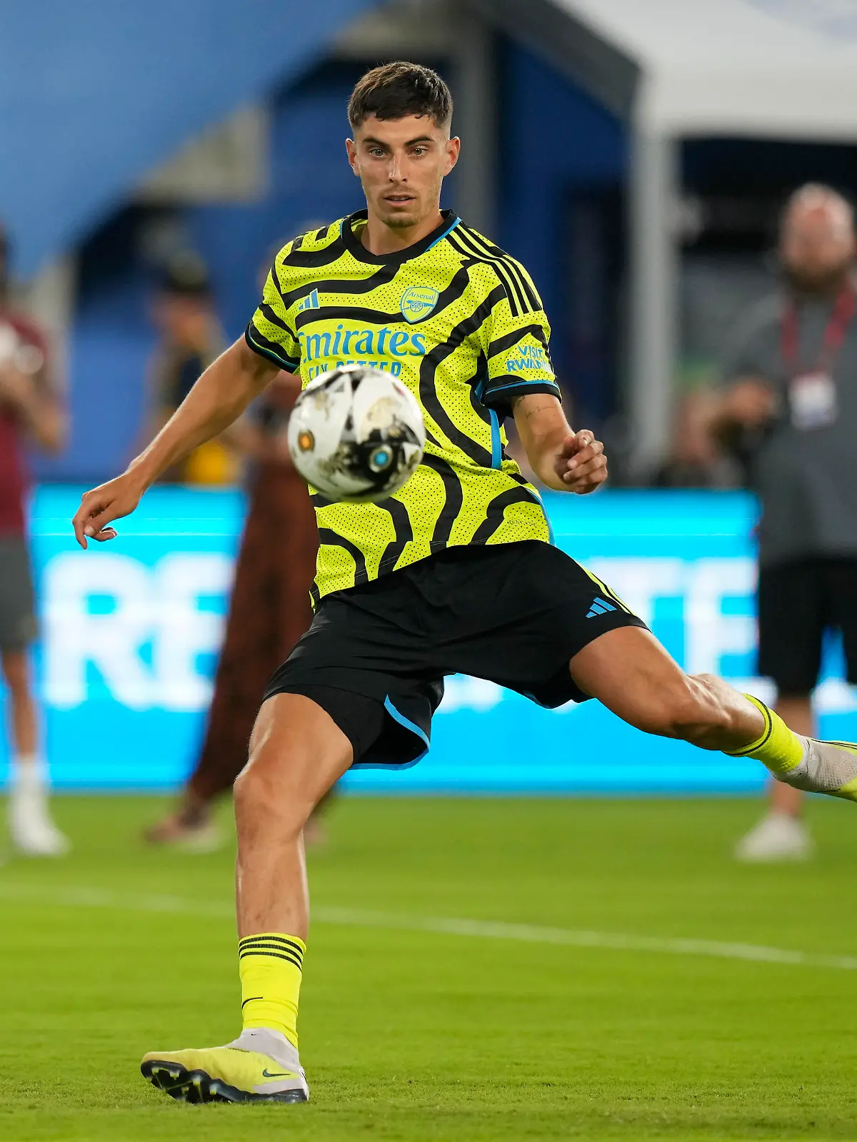 Arsenal midfielder Kai Havertz competes during the cross and volley challenge segment of the MLS All-Star Skills Challenge against the MLS All-Stars, Tuesday, July 18, 2023, in Washington. (AP Photo/Alex Brandon)