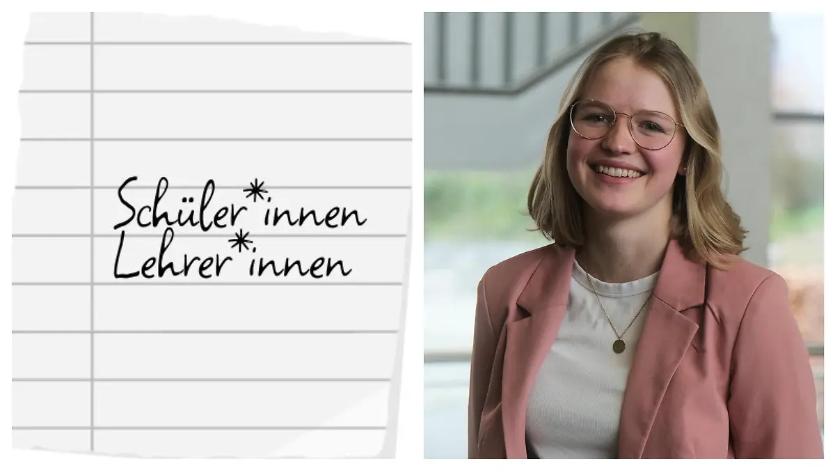Ein Schriftzug zeigt Lehrer*innen und Schüler*innen mit Gendersternchen und Frauke Goldbach als Kollage.