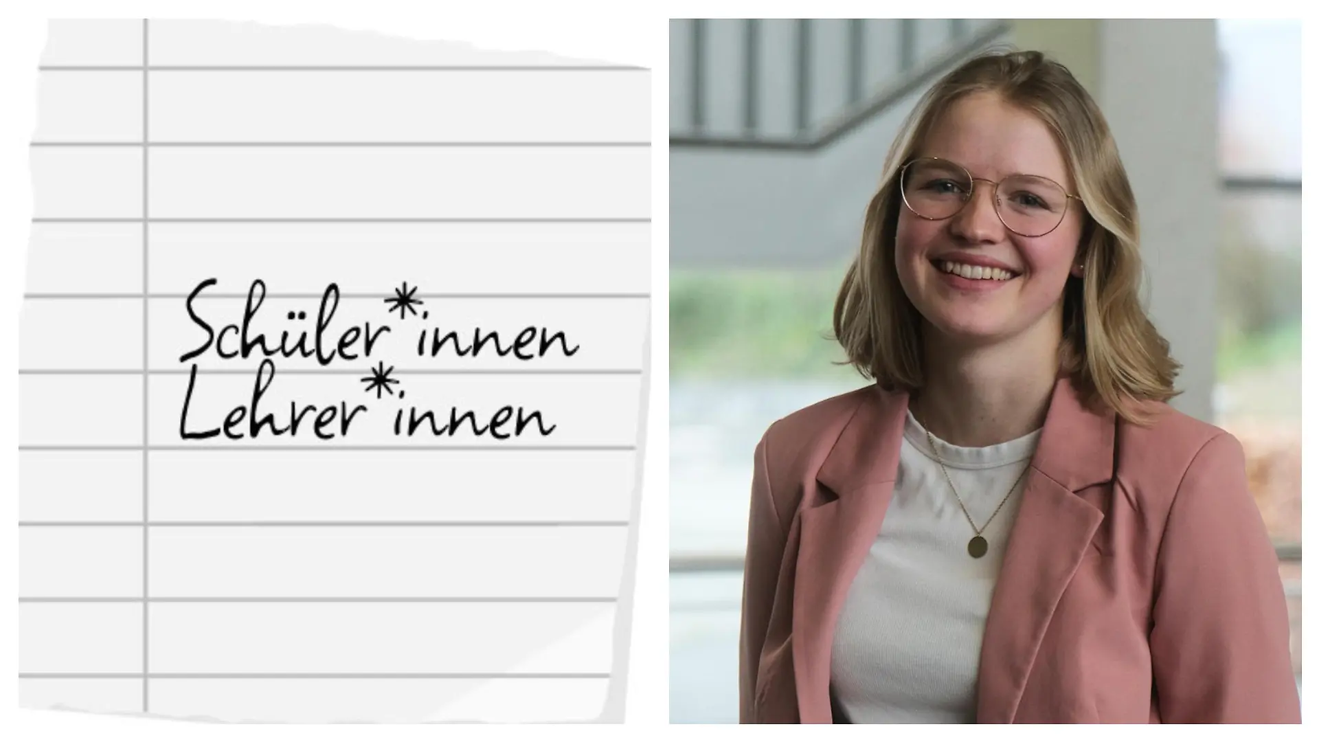 Ein Schriftzug zeigt Lehrer*innen und Schüler*innen mit Gendersternchen und Frauke Goldbach als Kollage.