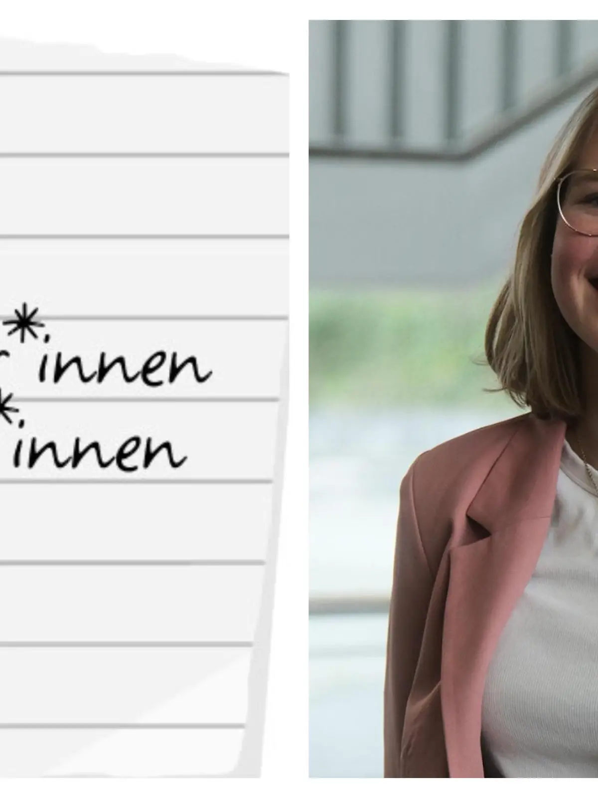 Ein Schriftzug zeigt Lehrer*innen und Schüler*innen mit Gendersternchen und Frauke Goldbach als Kollage.