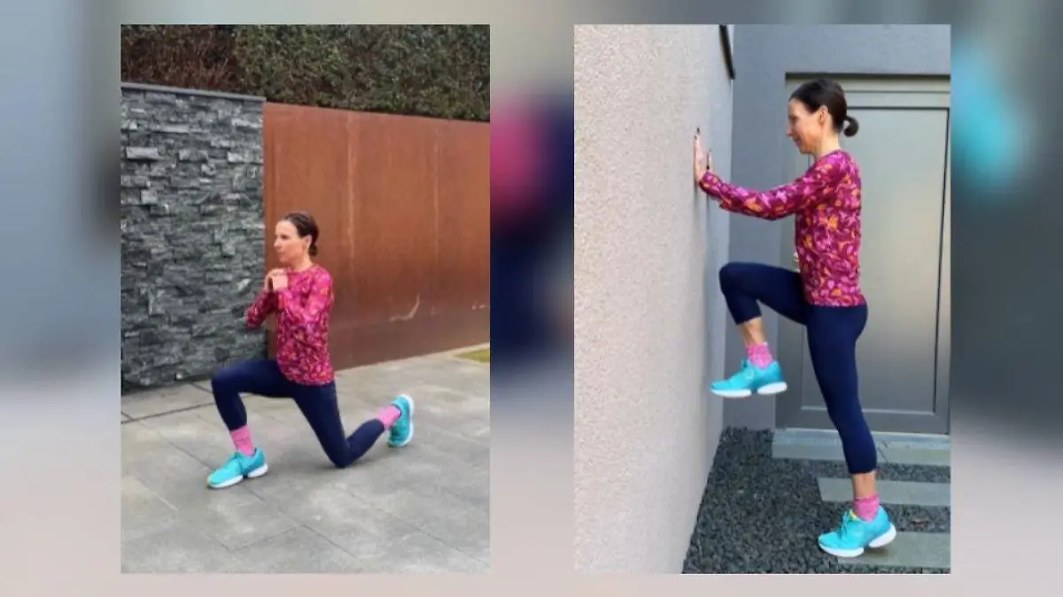 Sabrina Mockenhaupt macht Übungen vor dem Laufen: Lunges und dynamisches Beinheben.