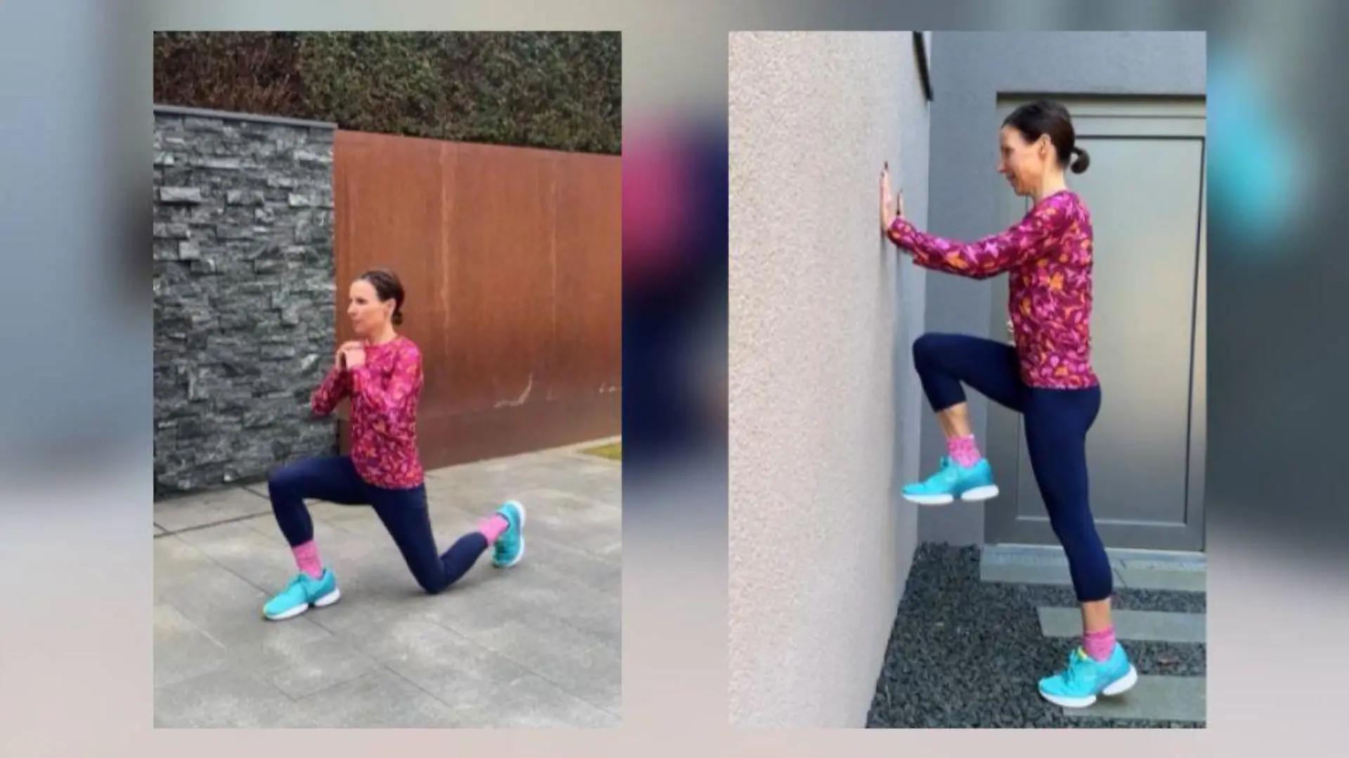 Sabrina Mockenhaupt macht Übungen vor dem Laufen: Lunges und dynamisches Beinheben.