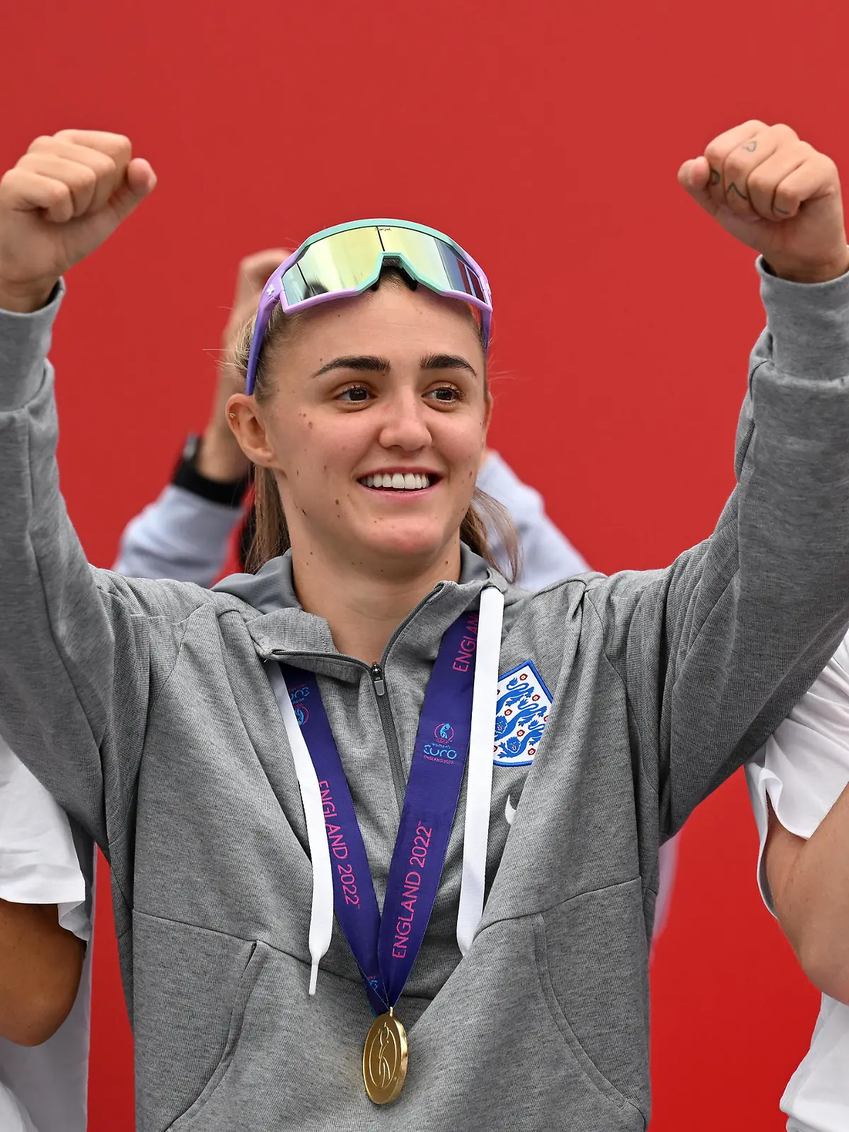 LONDON, ENGLAND - AUGUST 01: Georgia Stanway of England celebrates during the England Women's Team Celebration at Trafalgar Square on August 01, 2022 in London, England. The England Women's Football team beat Germany 2-1 in the Final of The UEFA European Women's Championship last night at Wembley Stadium.  (Photo by Leon Neal/Getty Images)