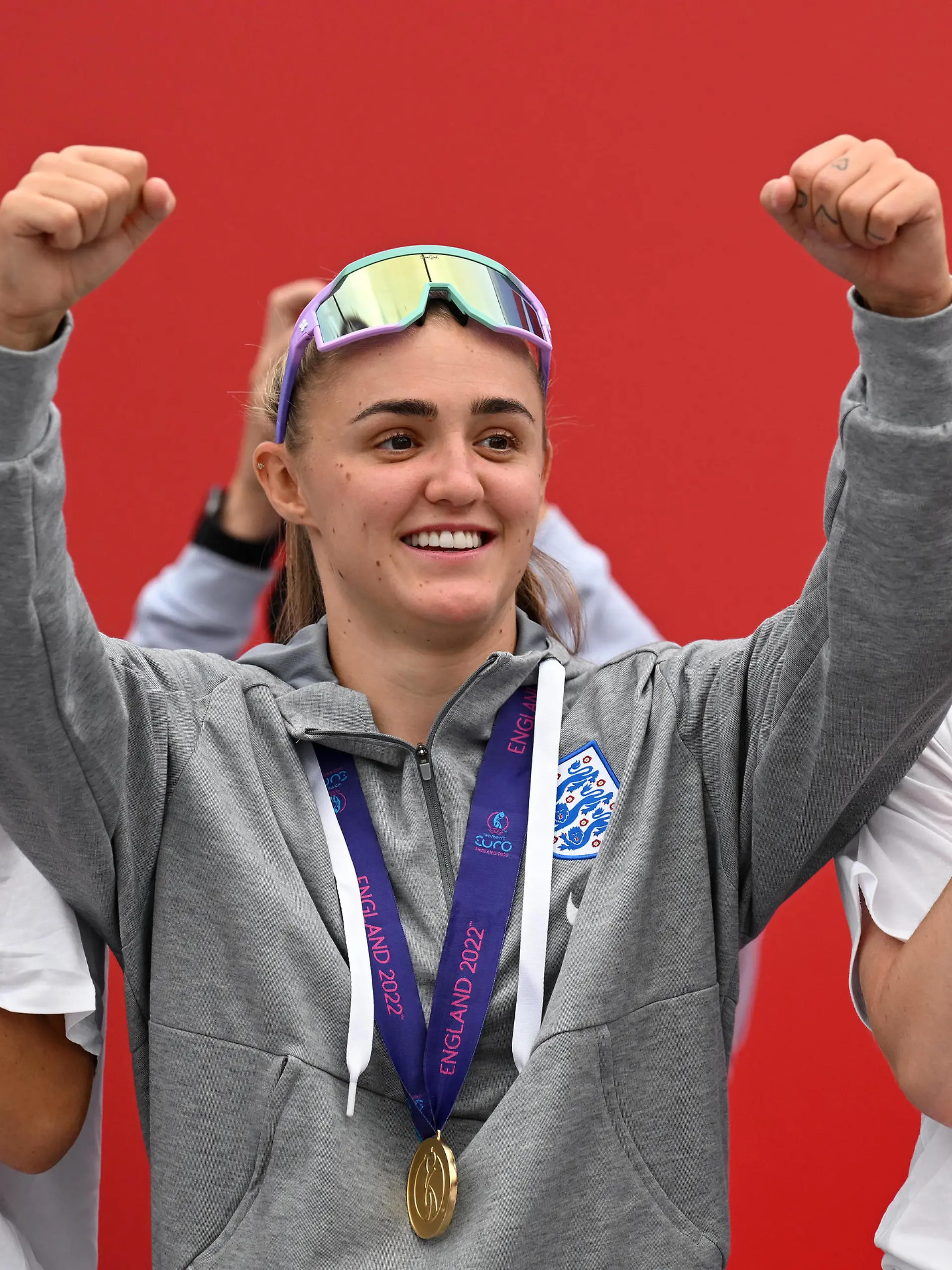 LONDON, ENGLAND - AUGUST 01: Georgia Stanway of England celebrates during the England Women's Team Celebration at Trafalgar Square on August 01, 2022 in London, England. The England Women's Football team beat Germany 2-1 in the Final of The UEFA European Women's Championship last night at Wembley Stadium.  (Photo by Leon Neal/Getty Images)