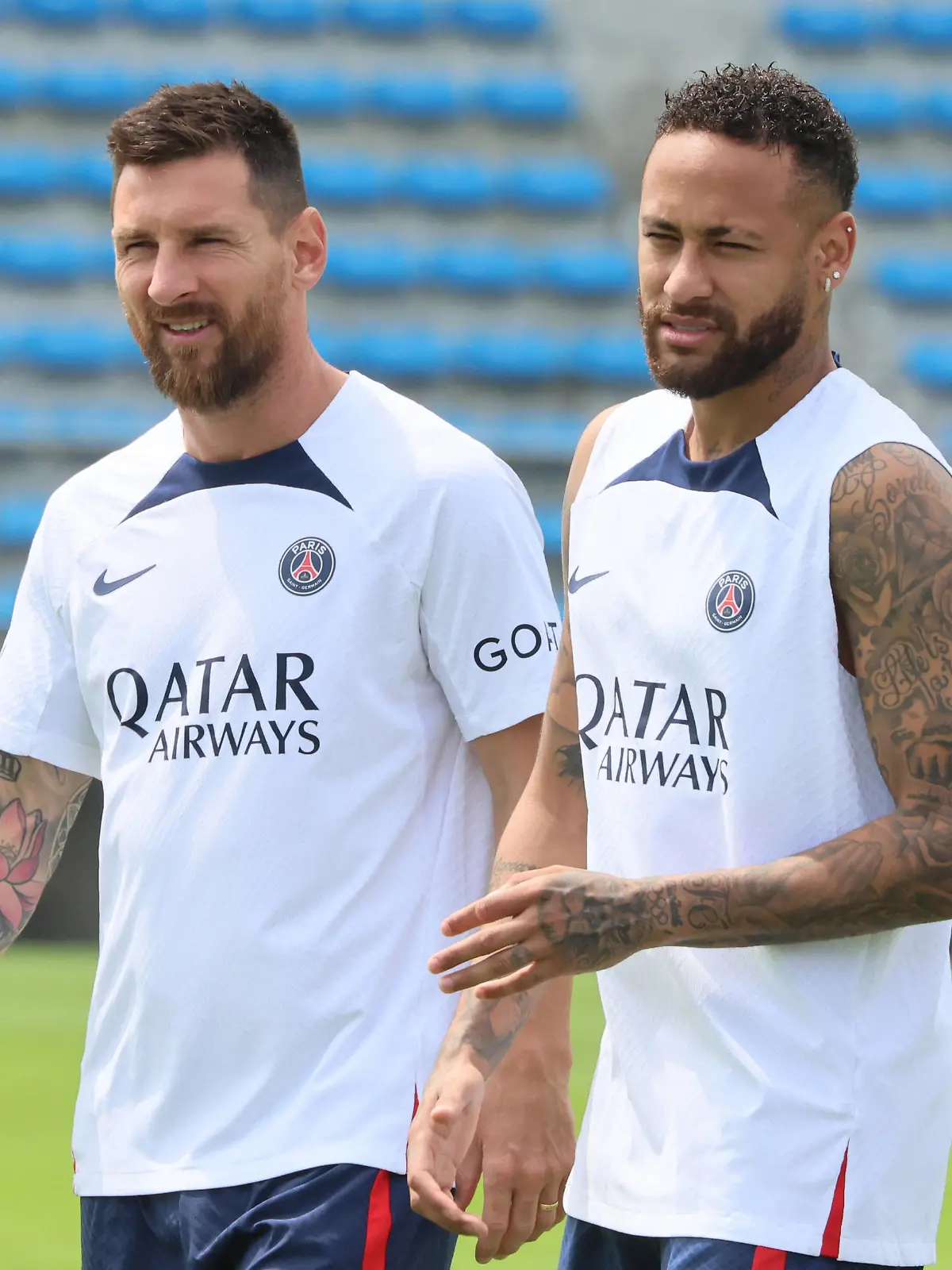  July 18, 2022, Tokyo, Japan - French football club team Paris Saint-Germain star players Lionel Messi L and Neymar Jr R arrive at the Prince Chichibu Rugby Field as they give a football clinic for children in Tokyo on Monday, July 18, 2022. Paris Saint-Germain will have games with Japanese club teams Kawasaki Frontale, Urawa Reds and Gamba Osaka for their Japan tour. Noxthirdxpartyxsales PUBLICATIONxNOTxINxJPN 0163003636st