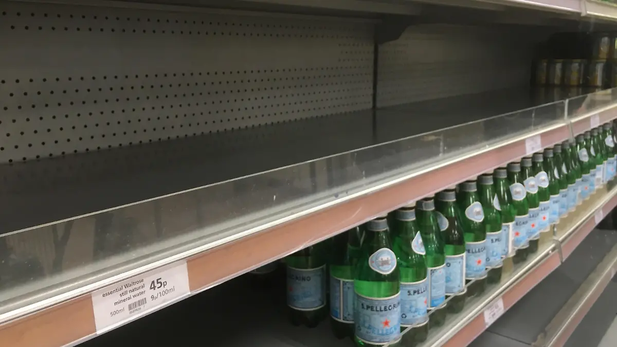 Water pipe bursts in London. The water aisle in a Waitrose supermarket in Twickenham, as a burst pipe left large parts of London with little or no water. Picture date: Wednesday June 12, 2019. Thames Water said the fault at its main regional pumping station at Hampton had caused problems in the west and south-west areas. It said it wanted to get people's water back on "as soon as possible" but bottled water would be made available if the problem was not fixed soon. See PA story CONSUMER Water. Photo credit should read: David Mirzoeff/PA Wire URN:43484100