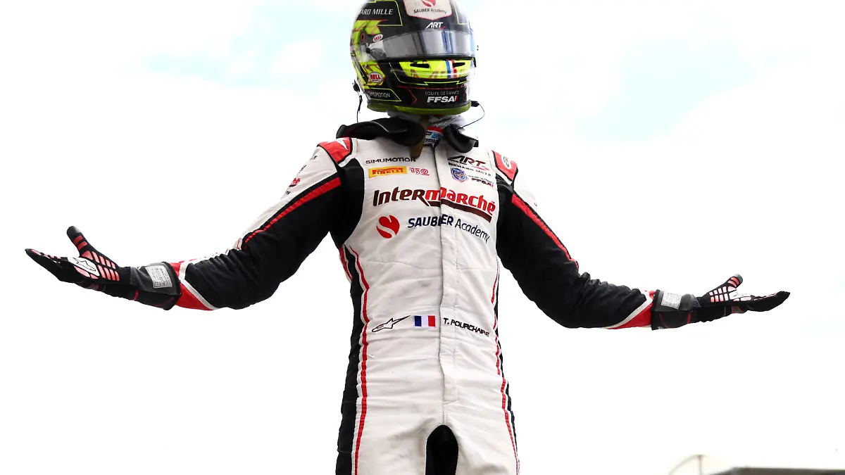 BUDAPEST, HUNGARY - JULY 31: Race winner Theo Pourchaire of France and ART Grand Prix (10) celebrates in parc ferme during the Round 10:Budapest Feature race of the Formula 2 Championship at Hungaroring on July 31, 2022 in Budapest, Hungary. (Photo by Francois Nel/Getty Images)