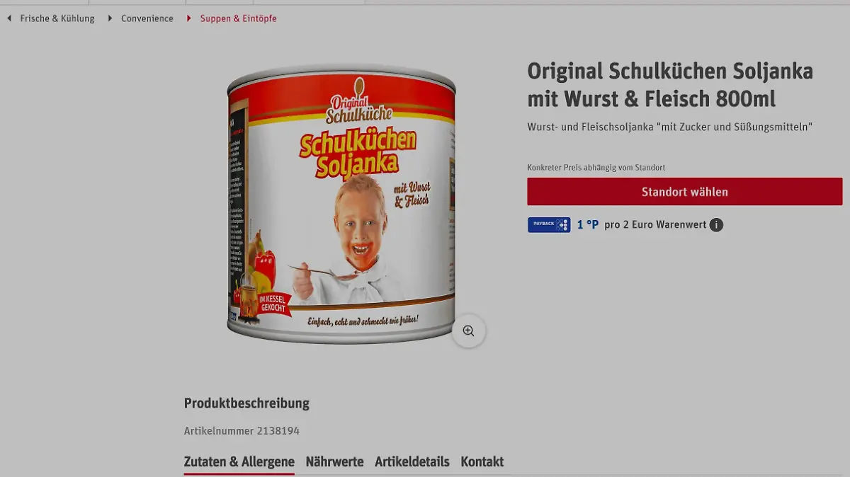 Im Rewe-Onlineshop wird inzwischen eine alternative Dosenverpackung angezeigt,