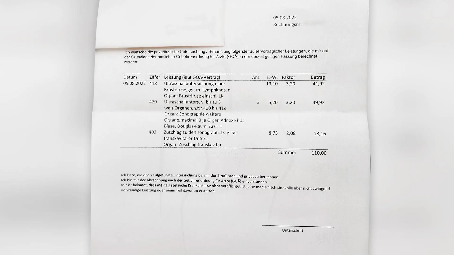 Rechnung vom Gynäkologen