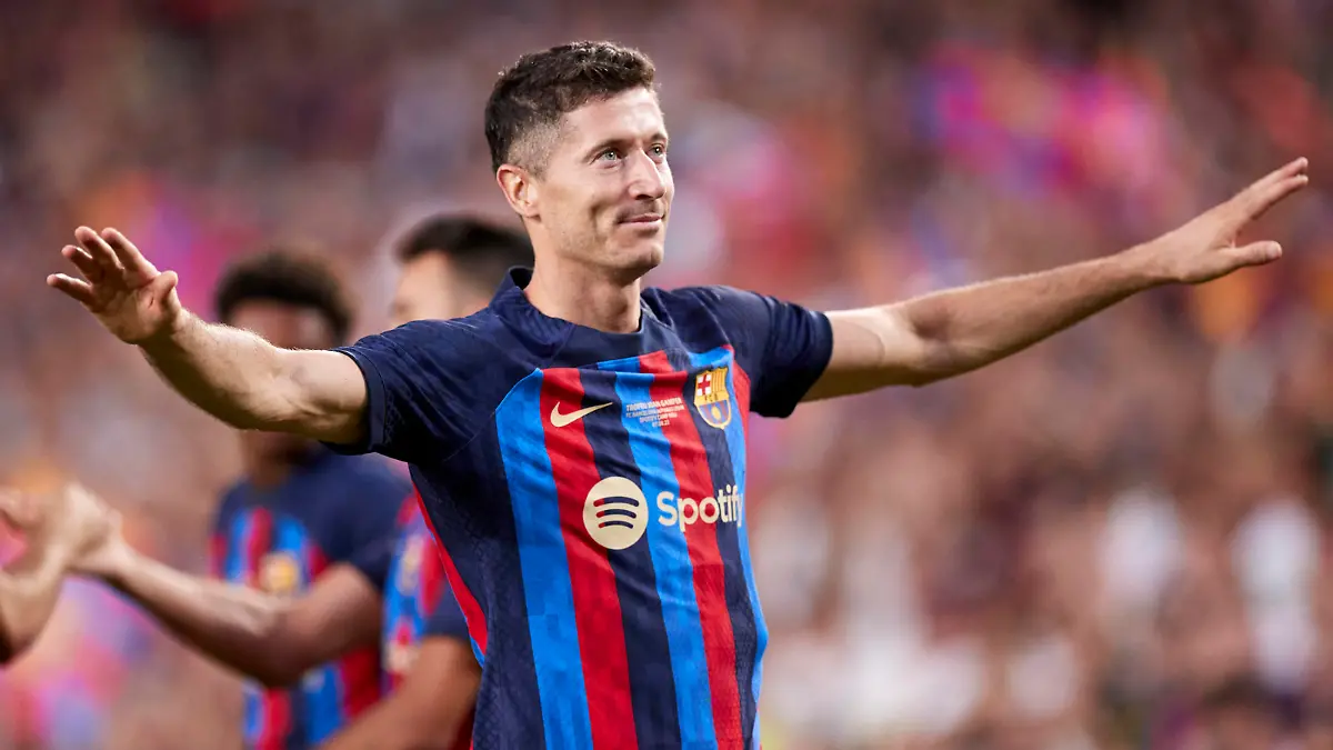 BARCELONA, SPAIN - AUGUST 7: Robert Lewandowski of FC Barcelona, Barca reacts after scoring goal during the pre-season friendly match of Trofeu Joan Gamper between FC Barcelona and Pumas UNAM on August 7, 2022 at Spotify Camp Nou in Barcelona, Spain. Noxthirdxpartyxsales PUBLICATIONxNOTxINxJPN 195329626