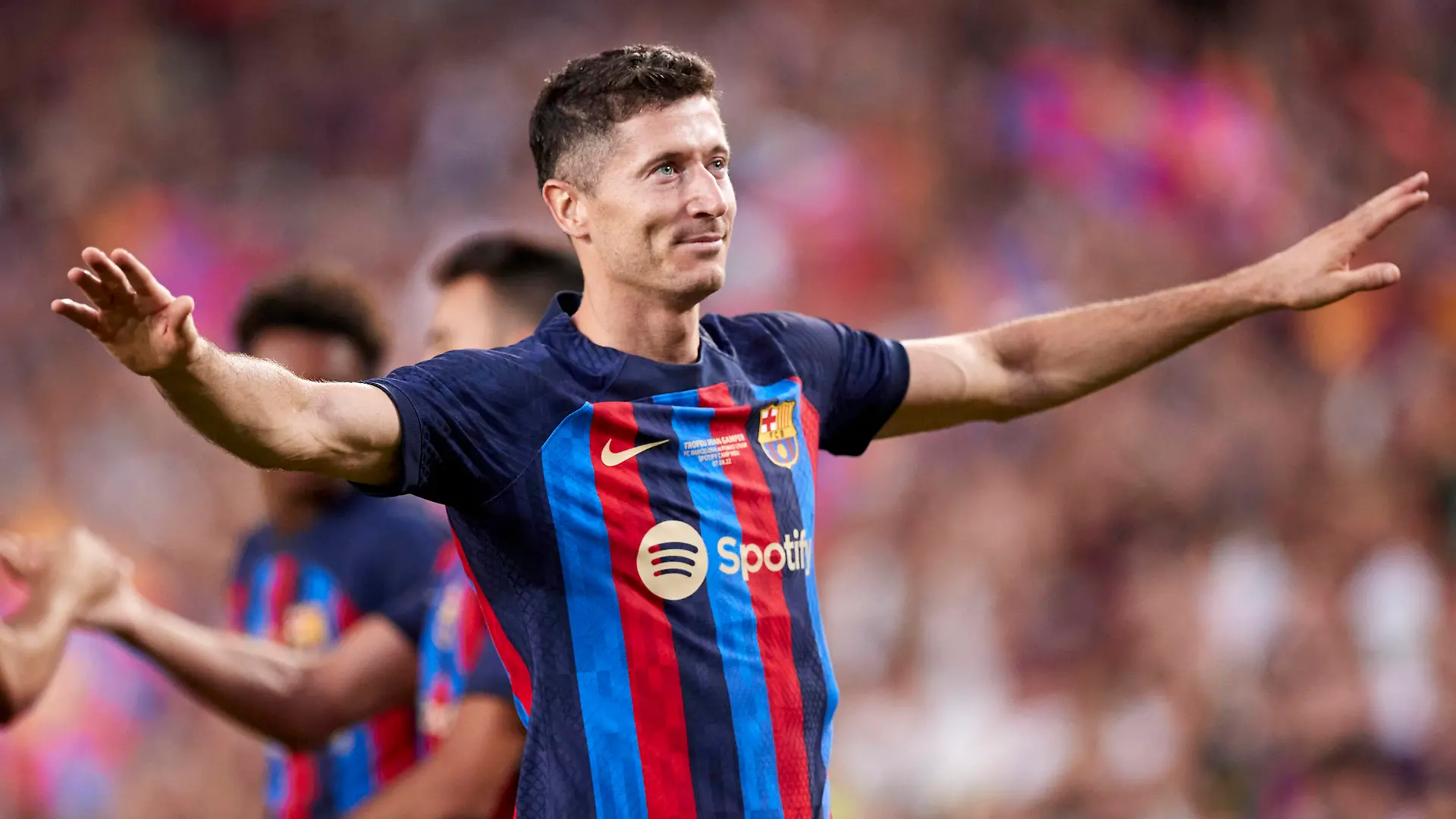  BARCELONA, SPAIN - AUGUST 7: Robert Lewandowski of FC Barcelona, Barca reacts after scoring goal during the pre-season friendly match of Trofeu Joan Gamper between FC Barcelona and Pumas UNAM on August 7, 2022 at Spotify Camp Nou in Barcelona, Spain. Noxthirdxpartyxsales PUBLICATIONxNOTxINxJPN 195329626