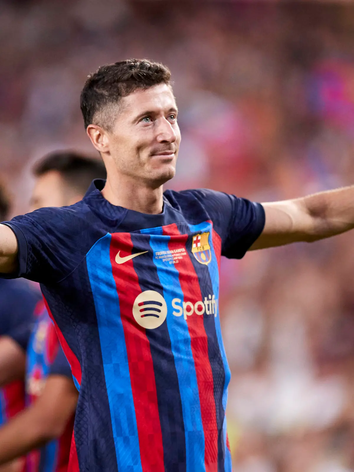  BARCELONA, SPAIN - AUGUST 7: Robert Lewandowski of FC Barcelona, Barca reacts after scoring goal during the pre-season friendly match of Trofeu Joan Gamper between FC Barcelona and Pumas UNAM on August 7, 2022 at Spotify Camp Nou in Barcelona, Spain. Noxthirdxpartyxsales PUBLICATIONxNOTxINxJPN 195329626