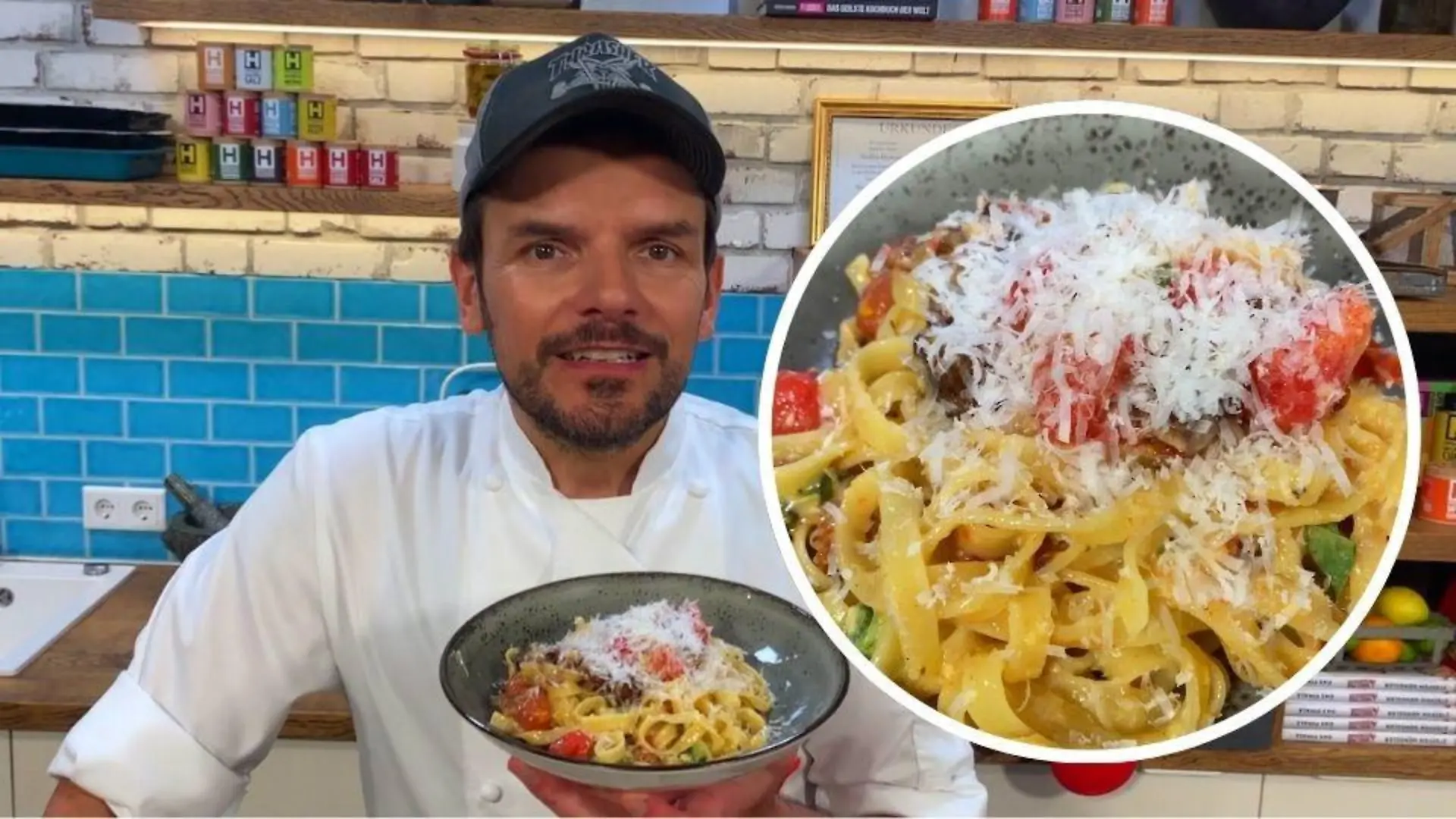 Bandnudeln mit Tomaten „alla Carbonara“ Hensslers schnelle Nummer