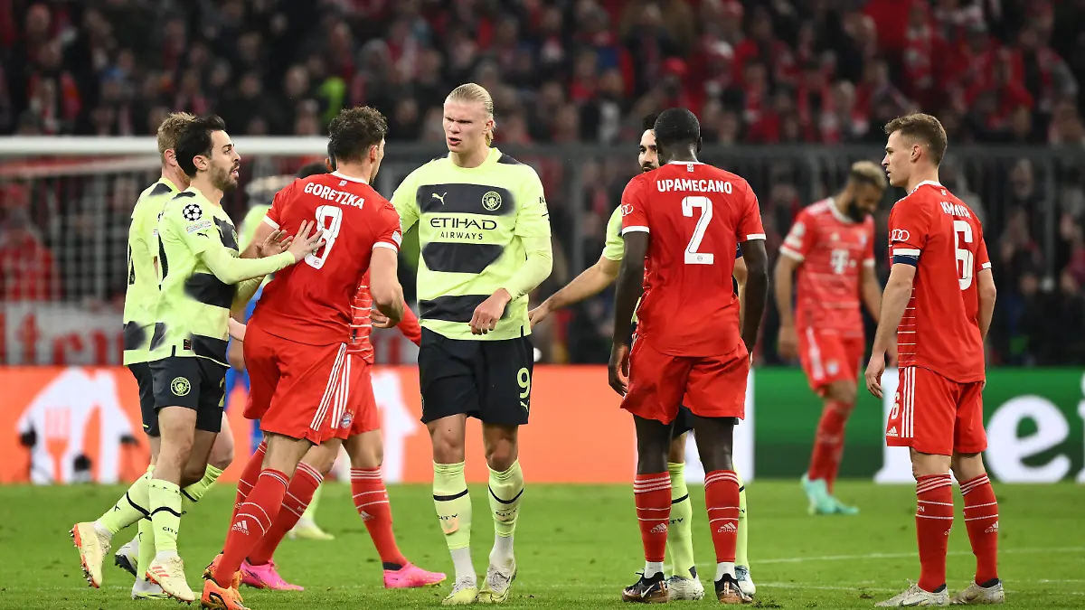 19.04.2023, xkvx, Fussball UEFA Champions League, FC Bayern Muenchen - Manchester City emspor, v.l. rudelbildung um Leon Goretzka of Bayern München, Erling Haaland Manchester City FC, Ilkay Guendogan Manchester City FC, Dayot Upamecano of Bayern München, Joshua Kimmich of Bayern München DFL/DFB REGULATIONS PROHIBIT ANY USE OF PHOTOGRAPHS as IMAGE SEQUENCES and/or QUASI-VIDEO Muenchen *** 19 04 2023, xkvx, football UEFA Champions League, FC Bayern Muenchen Manchester City emspor, v l rudelbildung um Leon Goretzka of Bayern Munich, Erling Haaland Manchester City FC , Ilkay Guendogan Manchester City FC , Dayot Upamecano of Bayern Munich, Joshua Kimmich of Bayern Munich DFL DFB REGULATIONS PROHIBIT ANY USE OF PHOTOGRAPHS as IMAGE SEQUENCES and or QUASI VIDEO Muenchen