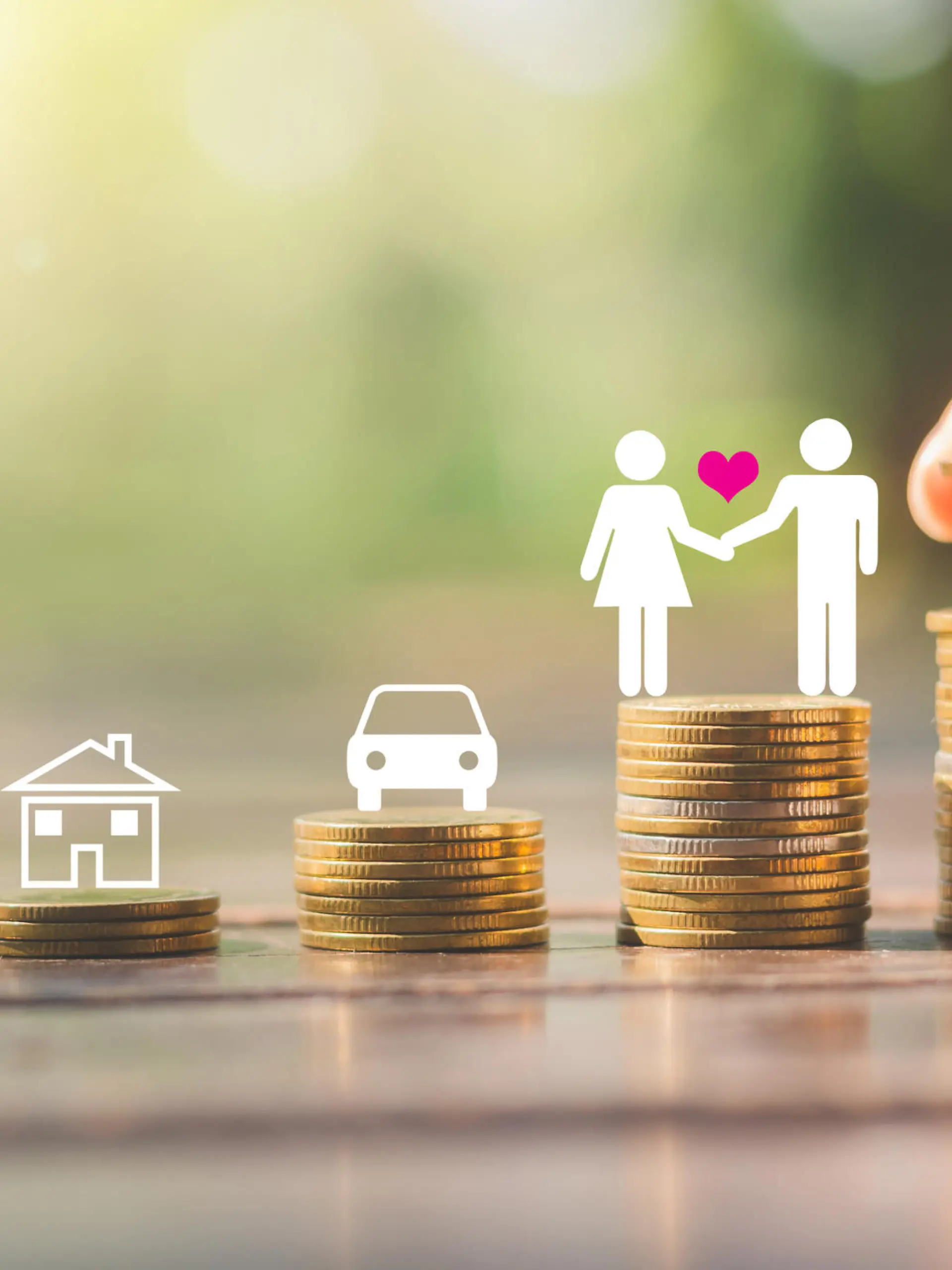hand put coin stacking on wood table in park against green blur background with money, shopping, travel, car, home and couple people symbol concept target saving planning for long future.