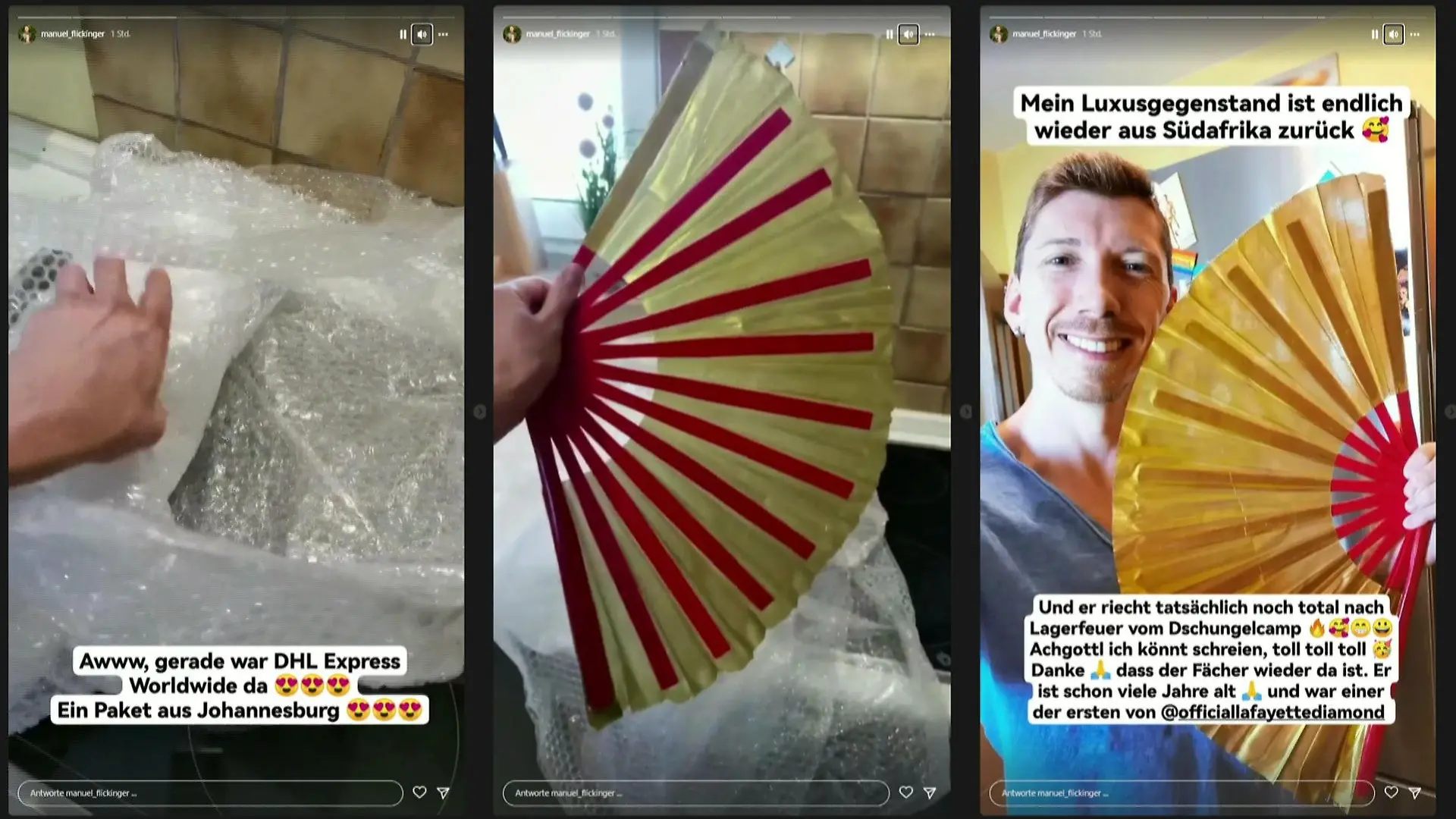 Dschungelcamp-Kandidat Manuel Flickinger lässt seine Fans auf Instagram an seinem Auspack-Ritual teilhaben.