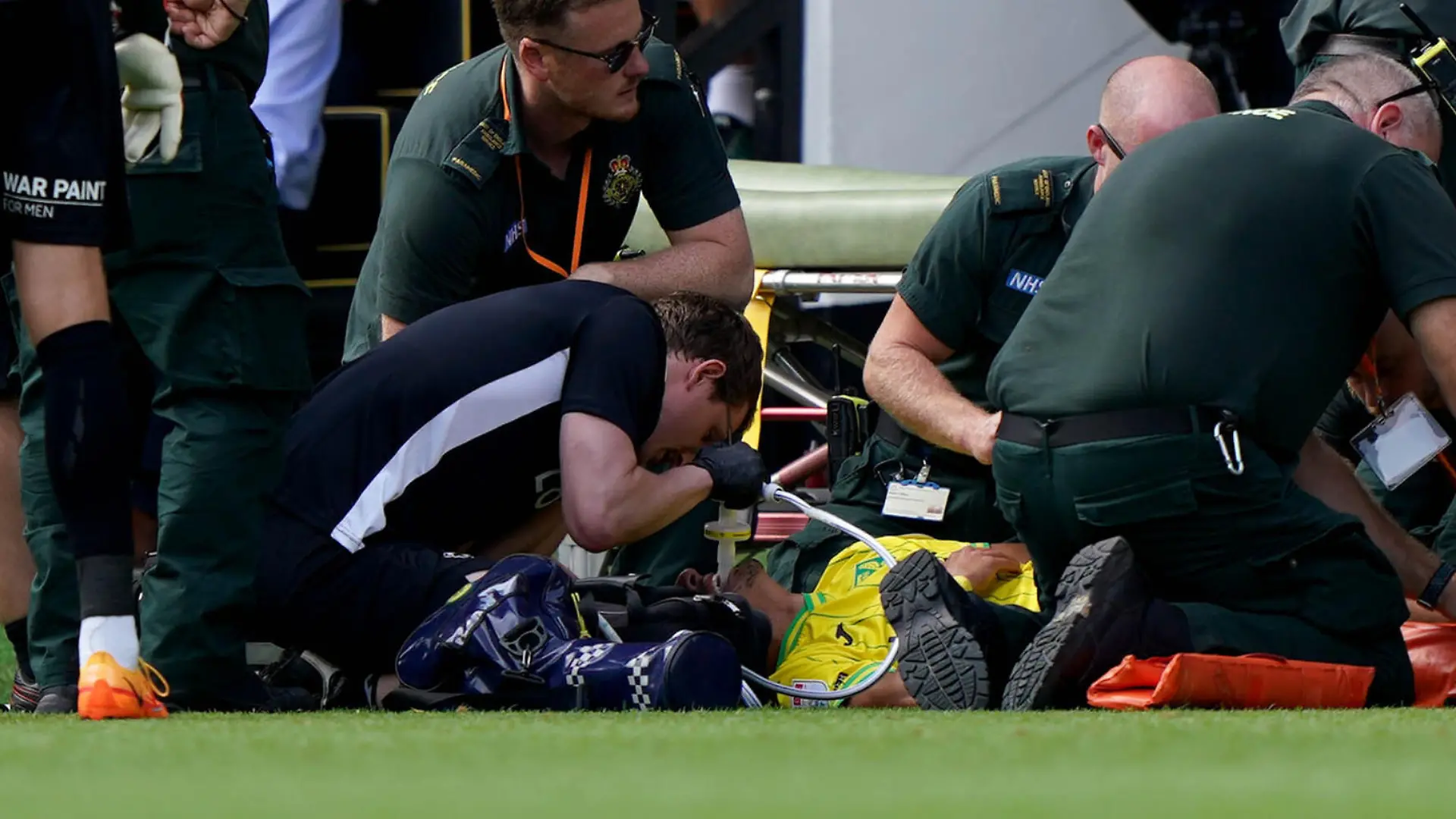Norwich City v Wigan Athletic - Sky Bet Championship - Carrow Road. Norwich City's Dimitris Giannoulis is treated by medical staff on the pitch after being injured during the Sky Bet Championship match at Carrow Road, Norwich. Picture date: Saturday August 6, 2022. See PA story SOCCER Norwich. Photo credit should read: Joe Giddens/PA Wire. RESTRICTIONS: EDITORIAL USE ONLY No use with unauthorised audio, video, data, fixture lists, club/league logos or "live" services. Online in-match use limited to 120 images, no video emulation. No use in betting, games or single club/league/player publications. URN:68195065