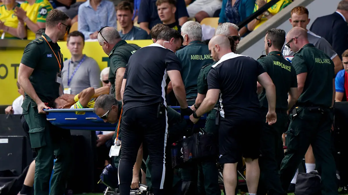 Norwich City v Wigan Athletic - Sky Bet Championship - Carrow Road. Norwich City's Dimitris Giannoulis is carried from the field on a stretcher after being injured during the Sky Bet Championship match at Carrow Road, Norwich. Picture date: Saturday August 6, 2022. See PA story SOCCER Norwich. Photo credit should read: Joe Giddens/PA Wire. RESTRICTIONS: EDITORIAL USE ONLY No use with unauthorised audio, video, data, fixture lists, club/league logos or "live" services. Online in-match use limited to 120 images, no video emulation. No use in betting, games or single club/league/player publications. URN:68195064