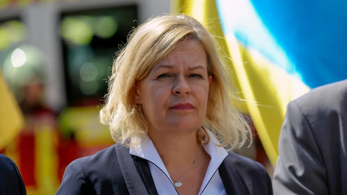 KYIV, UKRAINE - JULY 25, 2022 - Germany s Federal Minister of the Interior and Community Nancy Faeser attends the ceremony to hand over vehicles and equipment from the German government to Ukraine s State Emergency Service DSNS in Ukrainian in Mykhailivska Square, Kyiv, capital of Ukraine. This photo cannot be distributed in the Russian Federation. Germany hands over vehicles and equipment for Ukrainian DSNS PUBLICATIONxNOTxINxRUS Copyright: xRuslanxKaniukax 