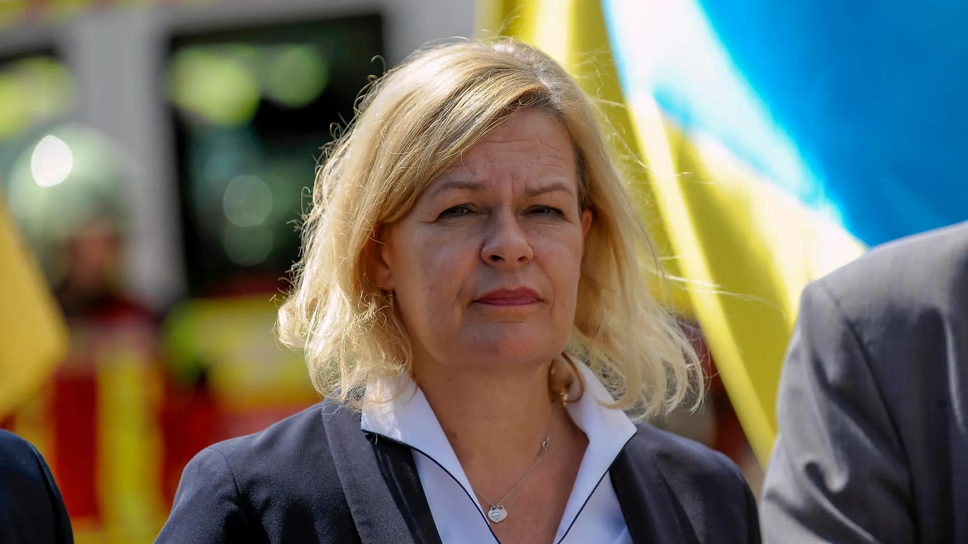 KYIV, UKRAINE - JULY 25, 2022 - Germany s Federal Minister of the Interior and Community Nancy Faeser attends the ceremony to hand over vehicles and equipment from the German government to Ukraine s State Emergency Service DSNS in Ukrainian in Mykhailivska Square, Kyiv, capital of Ukraine. This photo cannot be distributed in the Russian Federation. Germany hands over vehicles and equipment for Ukrainian DSNS PUBLICATIONxNOTxINxRUS Copyright: xRuslanxKaniukax