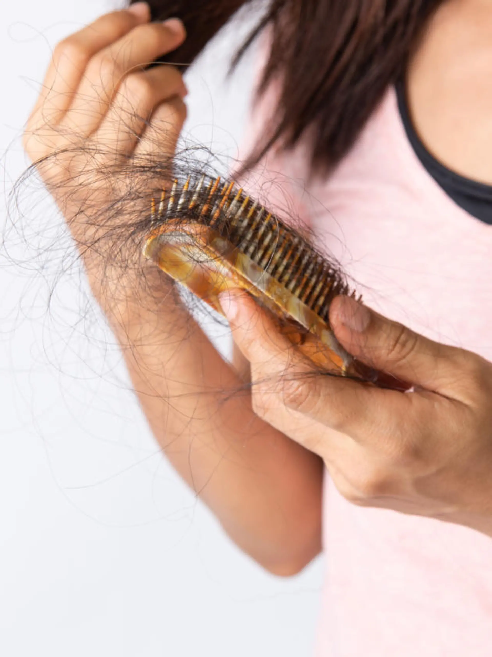 Woman hand hoding hairs fall in comb, hair fall everyday serious problem. Girl Hairs fall with a comb and problem hair isolated on white background