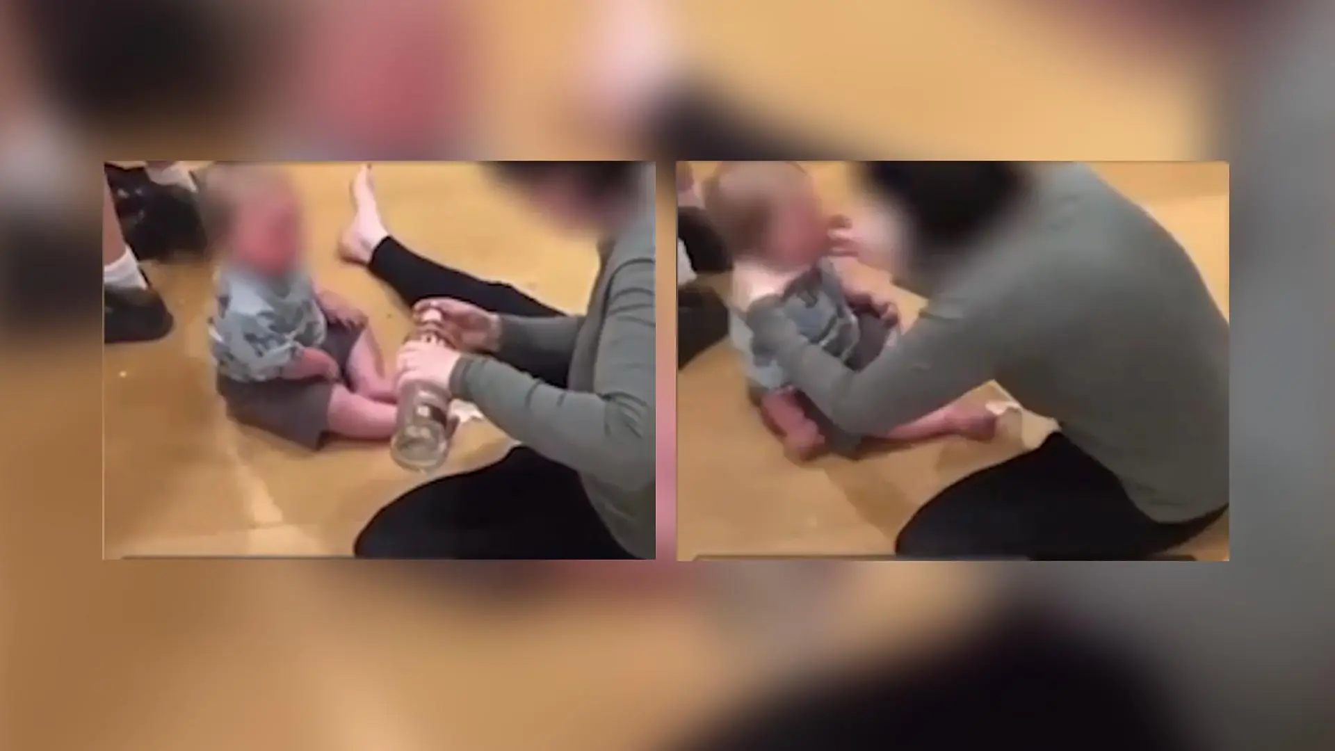 Im Video ist zu sehen, wie eine Frau einem kleinen Kind Wodka zu trinken gibt.