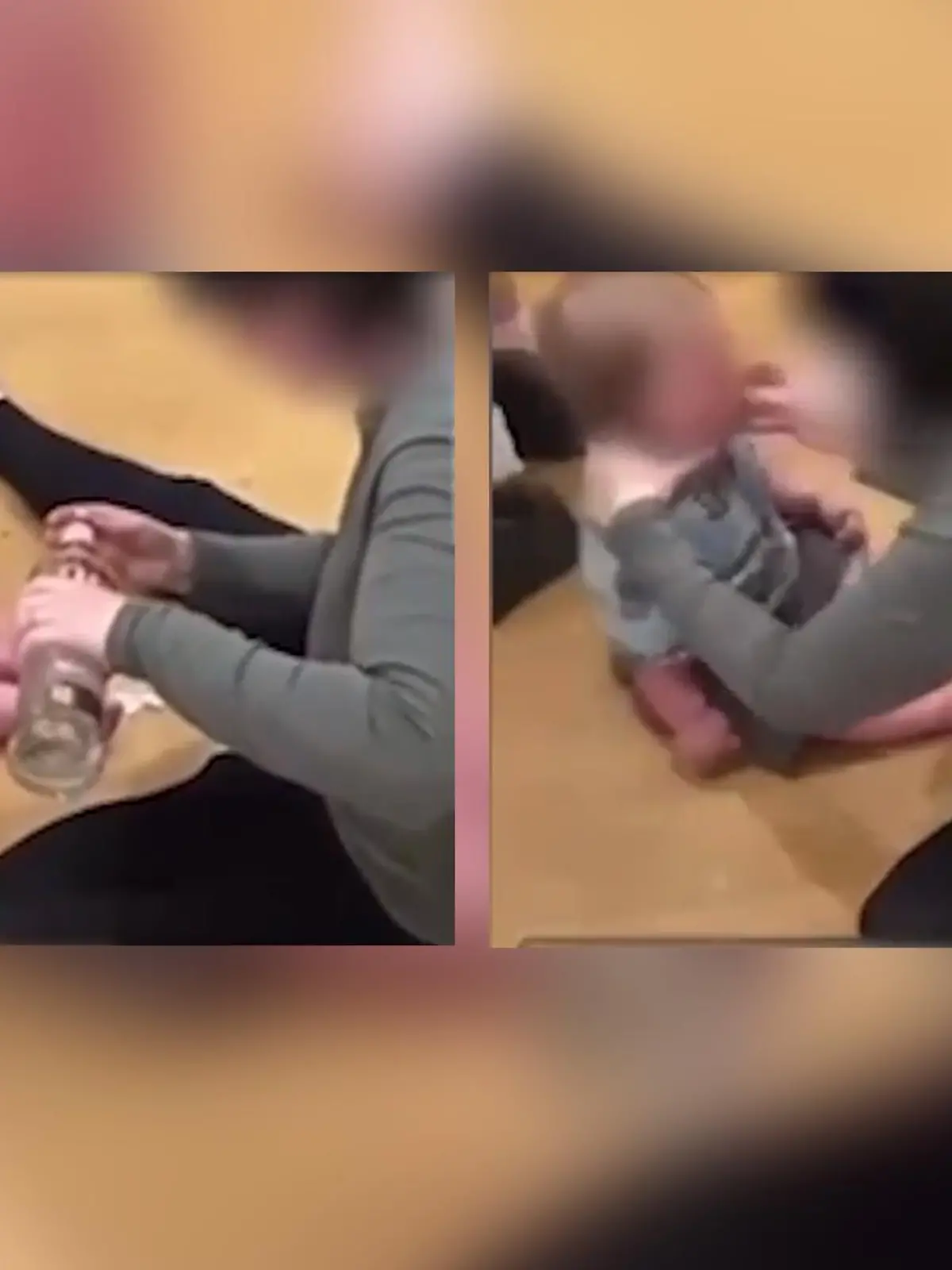 Im Video ist zu sehen, wie eine Frau einem kleinen Kind Wodka zu trinken gibt.