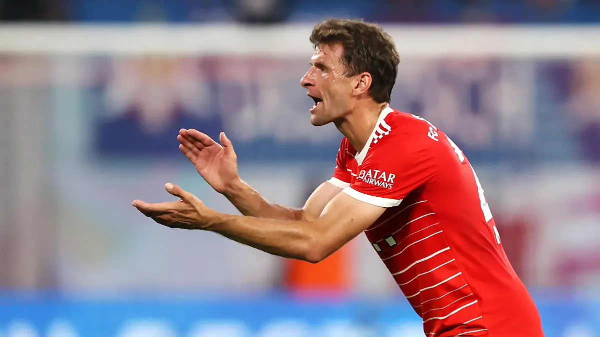 LEIPZIG, GERMANY - JULY 30: Thomas Muller of Bayern Munich reacts during the Supercup 2022 match between RB Leipzig and FC Bayern München at Red Bull Arena on July 30, 2022 in Leipzig, Germany. (Photo by Martin Rose/Getty Images)