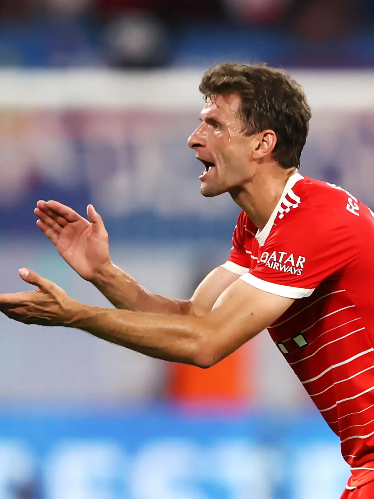 LEIPZIG, GERMANY - JULY 30: Thomas Muller of Bayern Munich reacts during the Supercup 2022 match between RB Leipzig and FC Bayern München at Red Bull Arena on July 30, 2022 in Leipzig, Germany. (Photo by Martin Rose/Getty Images)