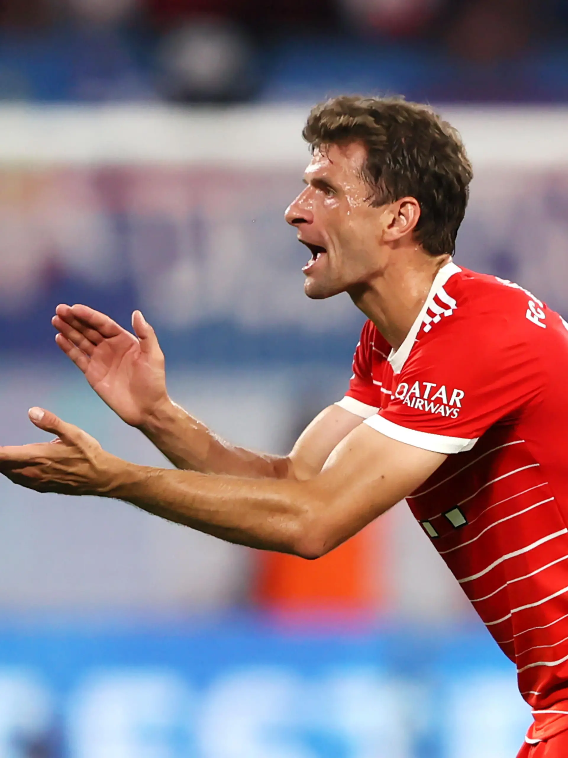 LEIPZIG, GERMANY - JULY 30: Thomas Muller of Bayern Munich reacts during the Supercup 2022 match between RB Leipzig and FC Bayern München at Red Bull Arena on July 30, 2022 in Leipzig, Germany. (Photo by Martin Rose/Getty Images)