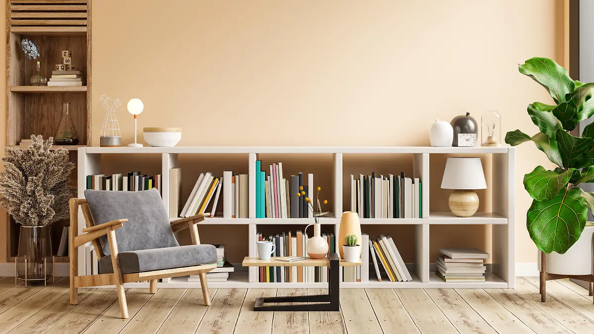 Interior design of living room with armchair on empty light cream color wall,library room.3D rendering