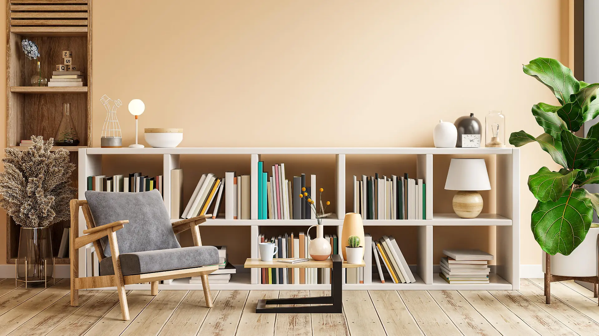 Interior design of living room with armchair on empty light cream color wall,library room.3D rendering