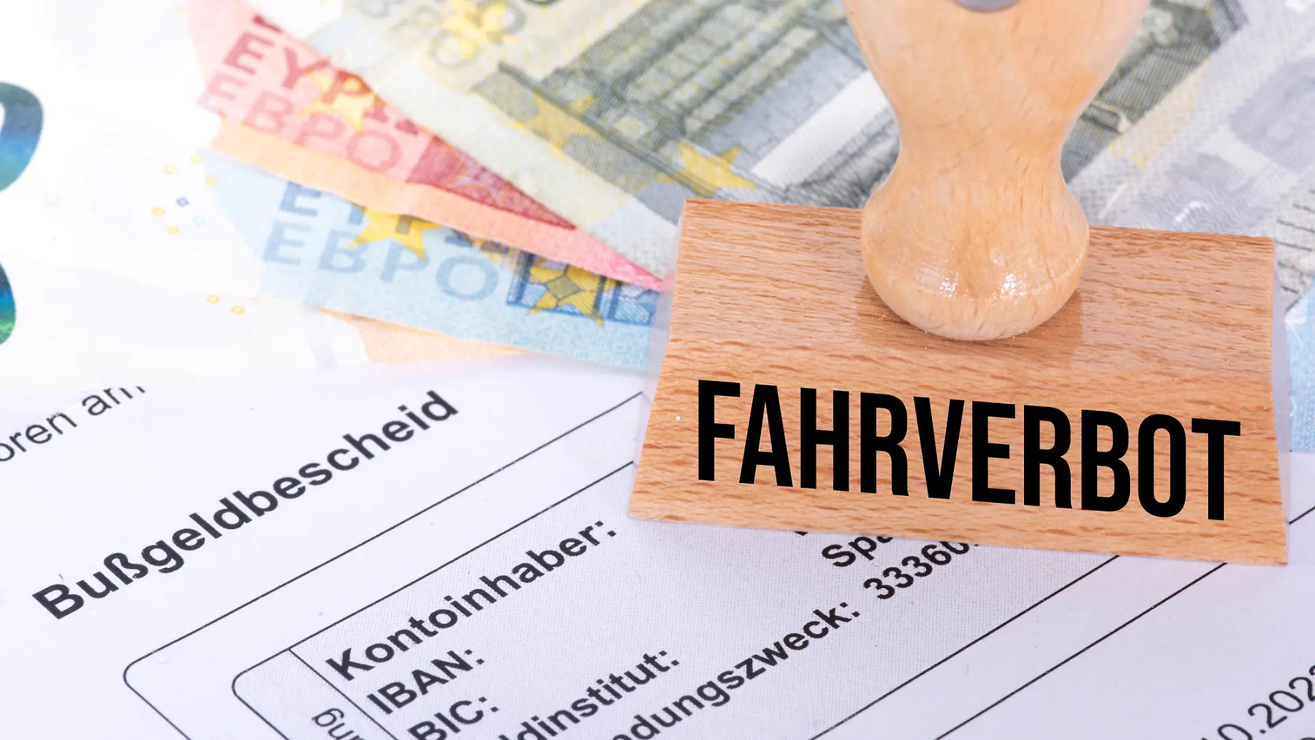 Ein Schreiben Bußgeldbescheid, Euro Geldscheine und Stempel Fahrverbot