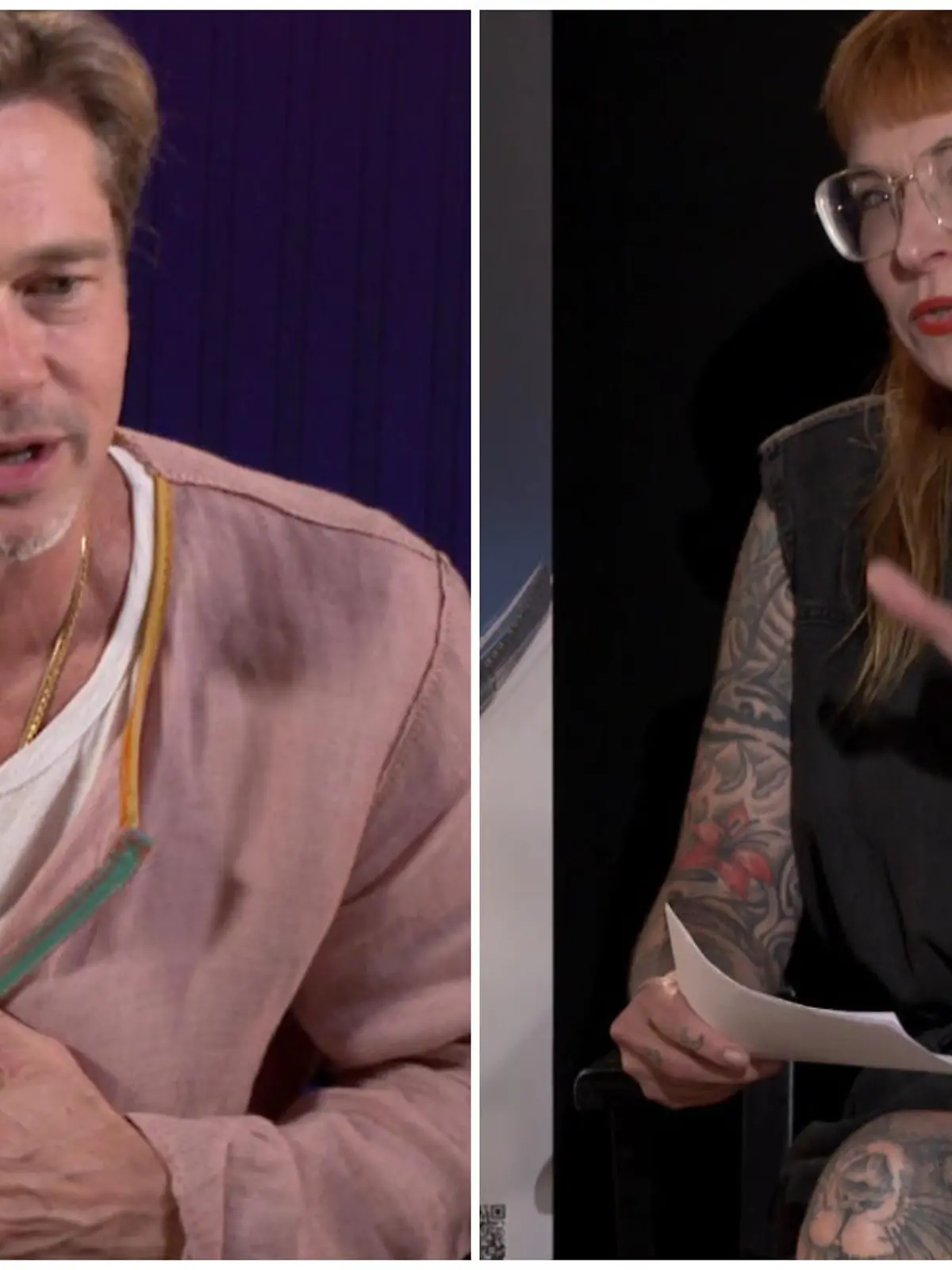 Brad Pitt bestaunt die Tattoos einer ntv-Reporterin.