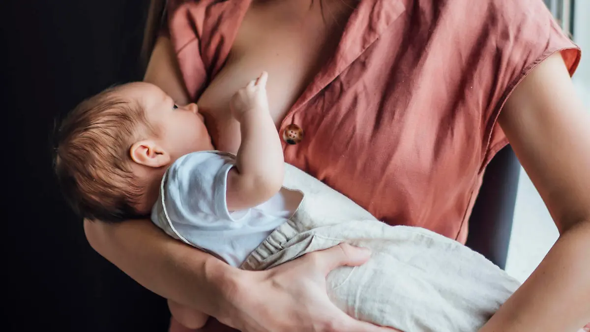 IMAGO Creative: Mutterschaft Mother breastfeeding baby boy while standing by window at home model released Symbolfoto OCMF01435