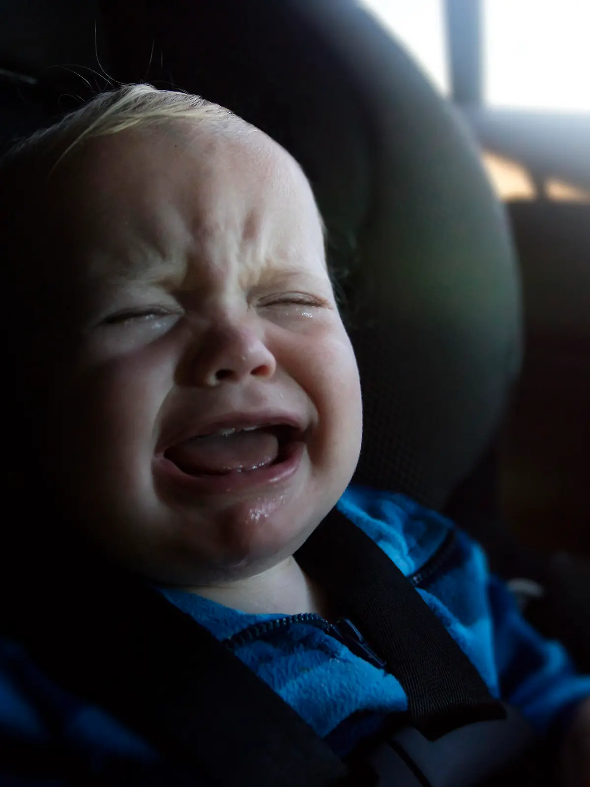 A 12 month ld baby boy crying in his car seat.