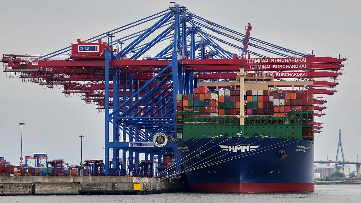 ARCHIV - 25.07.2022, Hamburg: Das Containerschiff «HMM Gdanks» der Reederei «HMM» liegt im Waltershofer Hafen am Container Terminal Burchardkai (CTA). Im Hintergrund ist die Köhlbrandbrücke zu sehen. (zu dpa-Meldung «Tschentscher fordert vom Bund mehr Engagement für deutsche Häfen») Foto: Julian Weber/dpa +++ dpa-Bildfunk +++