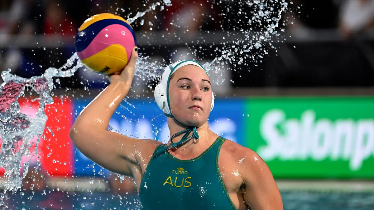 Tilly Kearns of Australia in action the Women's water polo classification match between Australia and Greece at the 19th FINA World Championships in Budapest, Hungary, Thursday, June 30, 2022. (AP Photo/Anna Szilagyi)