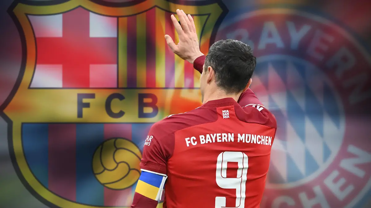 FOTOMONTAGE: Transfer offenbar perfekt: Lewandowski wechselt zu Barcelona. Robert LEWANDOWSKI Bayern Muenchen,winkt,winken, Aktion,Einzelbild,angeschnittenes Einzelmotiv,Halbfigur,halbe Figur. Fussball 1. Bundesliga Saison 2021/2022,25.Spieltag, Spieltag25. FC Bayern Muenchen - Bayer 04 Leverkusen 1-1 am 05.03.2022, A L L I A N Z A R E N A Muenchen. *** PHOTOMONTAGE transfer apparently perfect Lewandowski moves to Barcelona Robert LEWANDOWSKI Bayern Muenchen ,waving,waving,action,single image,cropped single image,half figure,half figure Football 1 Bundesliga season 2021 2022,25 matchday,matchday25 FC Bayern Muenchen Bayer 04 Leverkusen 1 1 on 05 03 2022, A L L I A N Z A R E N A Muenchen
