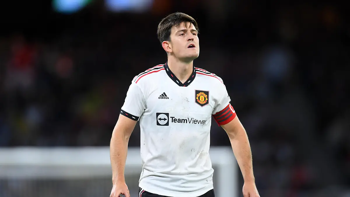 PERTH, AUSTRALIA - JULY 23: Harry Maguire of Manchester United looks on during the Pre-Season Friendly match between Manchester United and Aston Villa at Optus Stadium on July 23, 2022 in Perth, Australia. (Photo by Albert Perez/Getty Images)