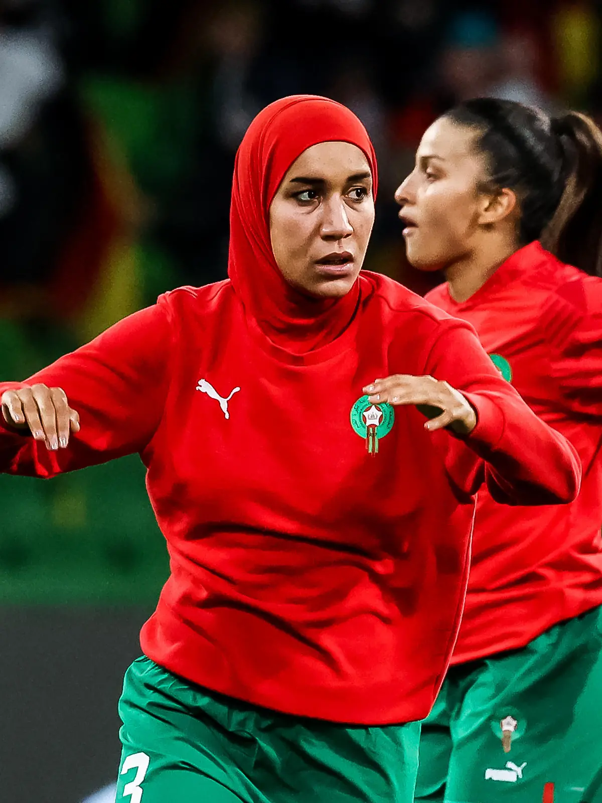 Nouhaila Benzina (Marokko, 3) macht sich warm FIFA Frauen-Weltmeisterschaft 2023: Deutschland - Marokko; Melbourne / Naarm, Melbourne-Rectangular-Stadion, 23.07.2023