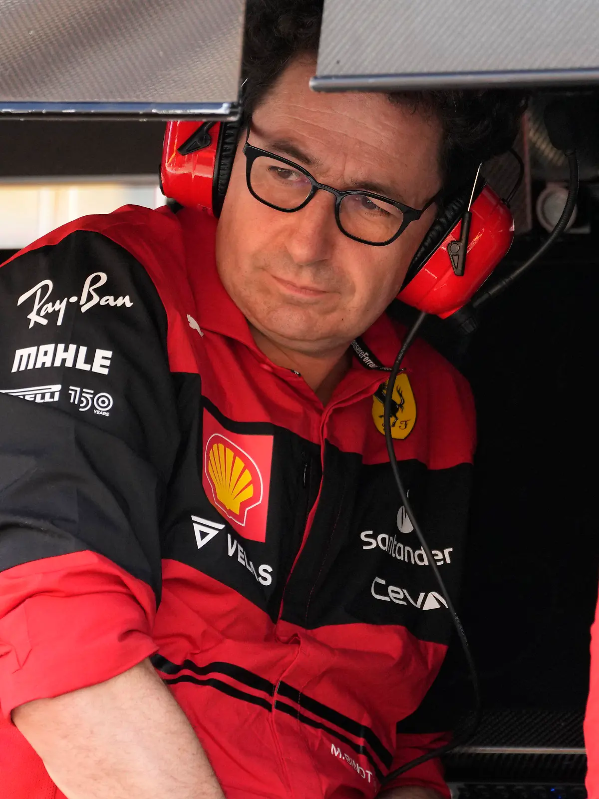 Ferrari team chief Mattia Binotto looks on during the second free practice session for the Hungarian Formula One Grand Prix at the Hungaroring racetrack in Mogyorod, near Budapest, Hungary, Friday, July 29, 2022. The Hungarian Formula One Grand Prix will be held on Sunday. (AP Photo/Darko Bandic)