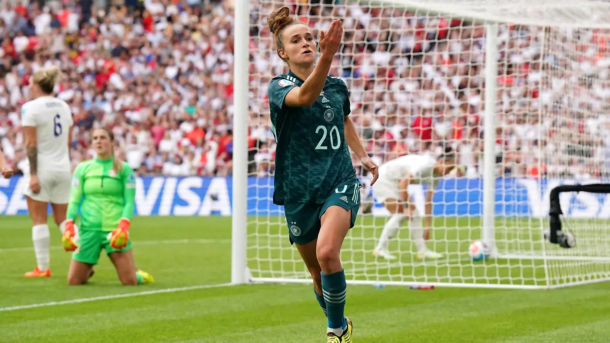 England v Germany - UEFA Women s Euro 2022 - Final - Wembley Stadium Germany s Lina Magull celebrates scoring their side s first goal of the game during the UEFA Women s Euro 2022 final at Wembley Stadium, London. Picture date: Sunday July 31, 2022. Use subject to FA restrictions. Editorial use only. Commercial use only with prior written consent of the FA. No editing except cropping. PUBLICATIONxNOTxINxUKxIRL Copyright: xJonathanxBradyx 68126764