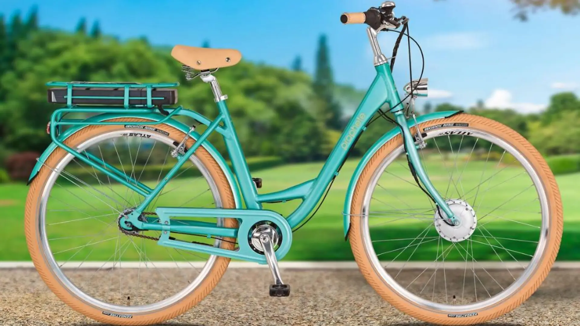 Ein blaues E-Bike auf einem Weg vor einer Wiese.
