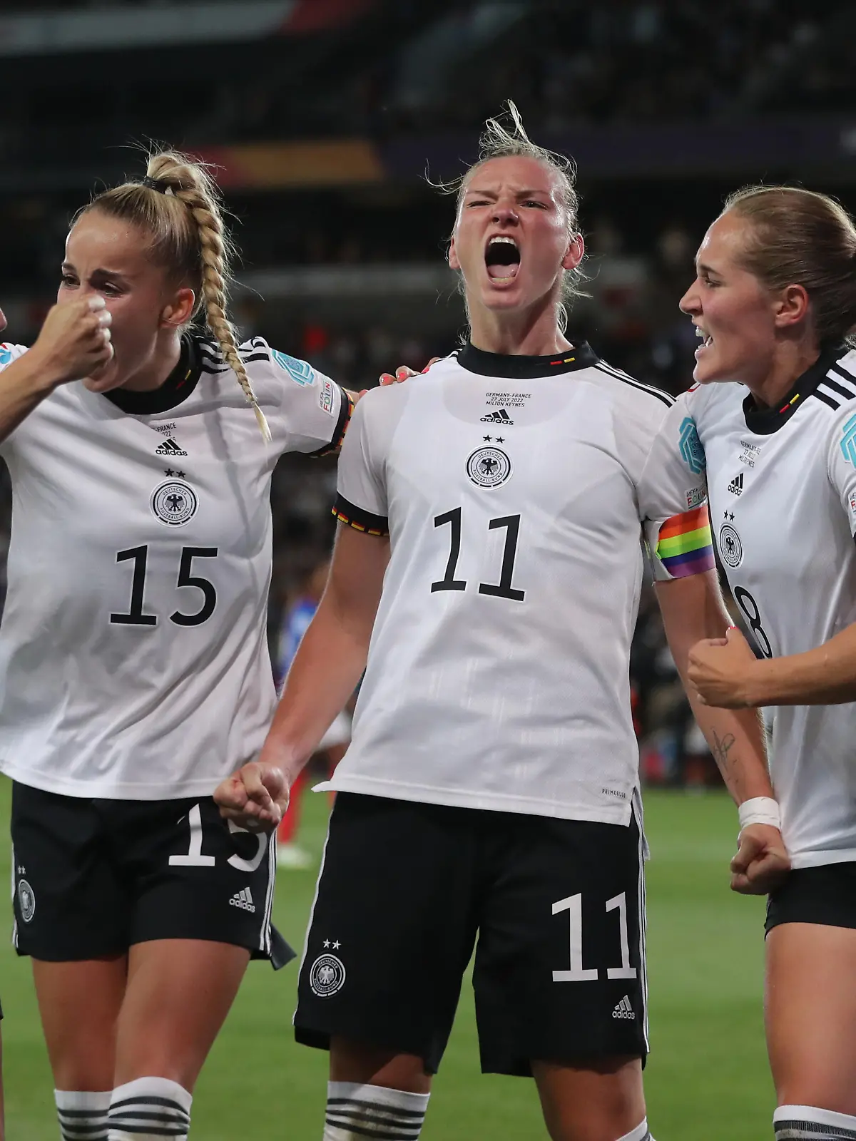 July 27, 2022, Milton Keynes, United Kingdom: Milton Keynes, England, 27th July 2022. Alexandra Popp of Germany celebrates after she scores to make it 2-1 during the UEFA Women's European Championship 2022 match at stadium:mk, Milton Keynes. Photo via Newscom picture alliance
