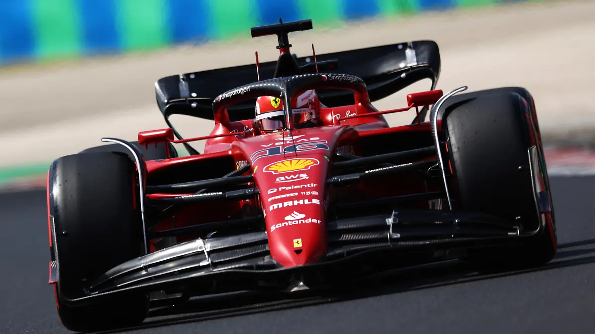 BUDAPEST, HUNGARY - JULY 29: Charles Leclerc of Monaco driving the (16) Ferrari F1-75 on track during practice ahead of the F1 Grand Prix of Hungary at Hungaroring on July 29, 2022 in Budapest, Hungary. (Photo by Francois Nel/Getty Images)