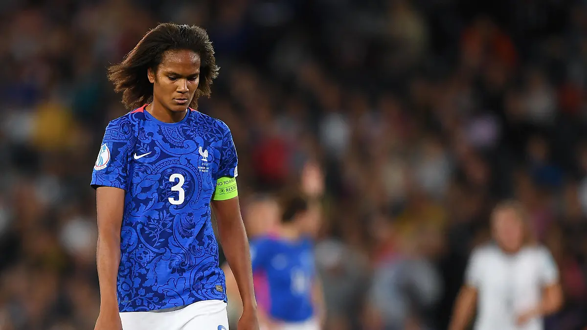 MILTON KEYNES, ENGLAND - JULY 27: Wendie Renard of France reacts during the UEFA Women's Euro 2022 Semi Final match between Germany and France at Stadium MK on July 27, 2022 in Milton Keynes, England. (Photo by Harriet Lander/Getty Images)