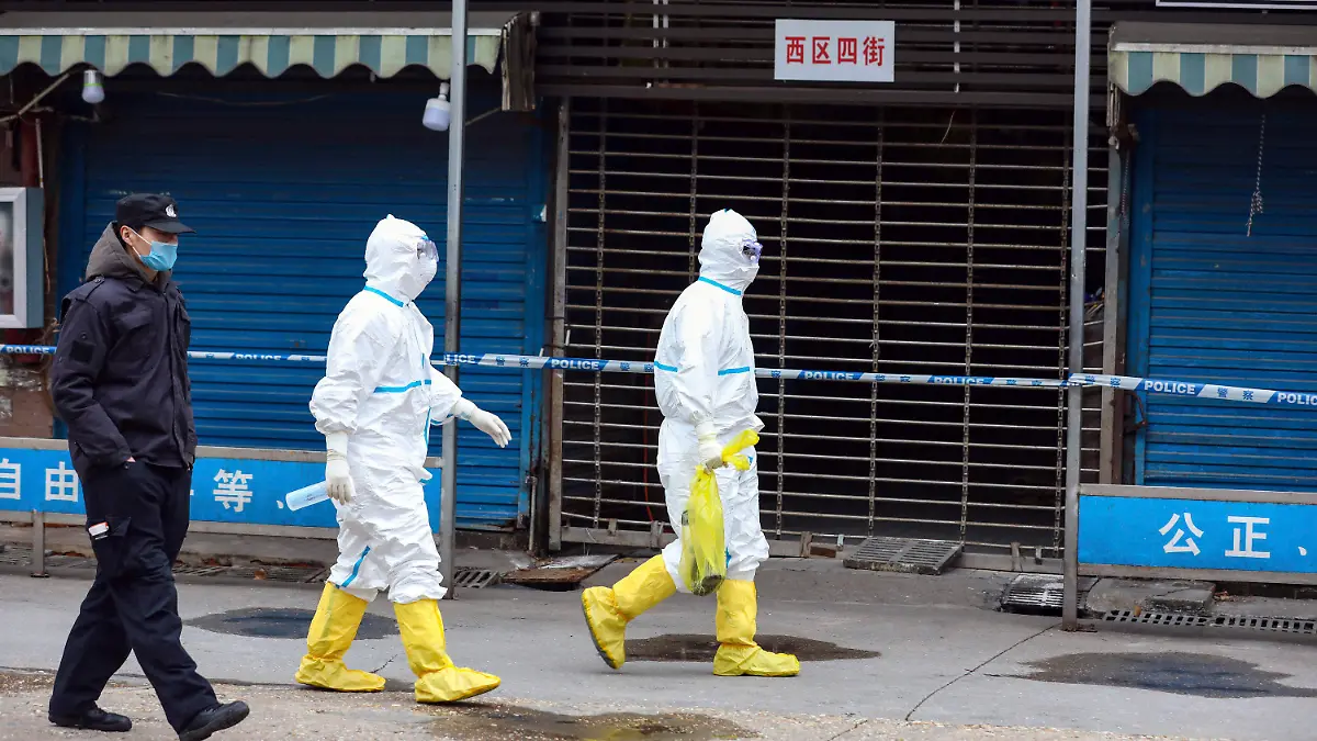 ARCHIV - 27.01.2020, China, Wuhan: Arbeiter in Schutzkleidung tragen eine Tasche in der sich ein Riesensalamander befindet, der vom Huanan Seafood Market entkommen sein soll. Zwei neue Studien untermauern die Annahme, dass das Coronavirus von einem Tiermarkt der chinesischen Metropole Wuhan stammt - und nicht aus einem chinesischen Labor. (zu dpa «Studien: Coronavirus kam wahrscheinlich vom Tiermarkt in Wuhan») Foto: -/CHINATOPIX/AP/dpa +++ dpa-Bildfunk +++