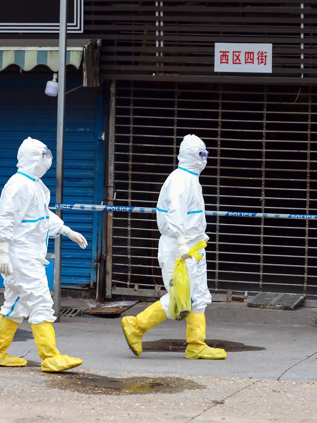 ARCHIV - 27.01.2020, China, Wuhan: Arbeiter in Schutzkleidung tragen eine Tasche in der sich ein Riesensalamander befindet, der vom Huanan Seafood Market entkommen sein soll. Zwei neue Studien untermauern die Annahme, dass das Coronavirus von einem Tiermarkt der chinesischen Metropole Wuhan stammt - und nicht aus einem chinesischen Labor. (zu dpa «Studien: Coronavirus kam wahrscheinlich vom Tiermarkt in Wuhan») Foto: -/CHINATOPIX/AP/dpa +++ dpa-Bildfunk +++